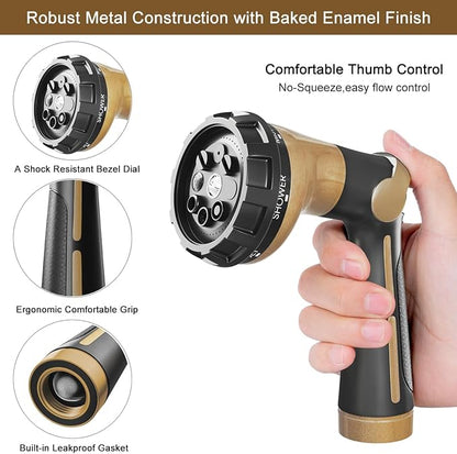 FANHAO Garden Hose Nozzle Heavy Duty, 100% Metal Water Hose Sprayer with 8 Spray Patterns, High Pressure Spray Nozzle Thumb Control On Off Valve for Lawn & Plant Watering, Car & Pet Washing - Khaki