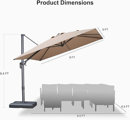 PURPLE LEAF 9 FT Outdoor Umbrella with Base Patio Cantilever Aluminum Umbrella with 3 Years Fade Resistance Recycled Fabric Offset Square with 360-degree Rotation for Deck Pool Garden, Sand Dune