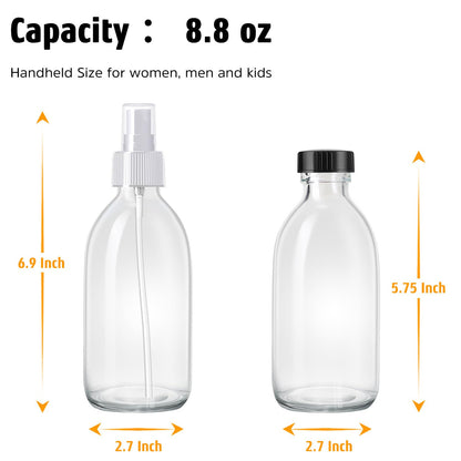 Tecohouse 2 Pack Glass Spray Bottles, 250ml Small Glass Bottles for Cleaning Solutions, Spray Bottles for Essential Oils, Plants, with Durable Nozzle, Labels, Funnel - Clear