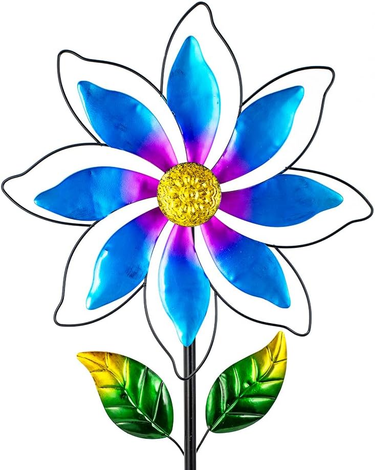 14'' Wind Spinners Outdoor, Flower Metal Garden Wind Spinners Outdoor, Kinetic Wind Sculptures & Spinners for Yard Garden Lawn Decor (Blue)