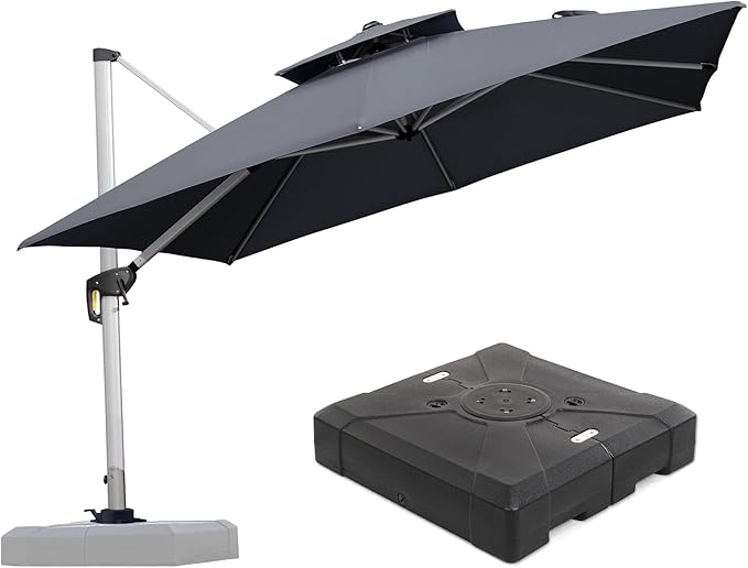 PURPLE LEAF 10 FT Cantilever Patio Umbrellas with Base Included, Large Square Offset Umbrella with 360° Rotation, Outdoor Aluminum Pool Umbrella for Pool Lawn Garden, Grey