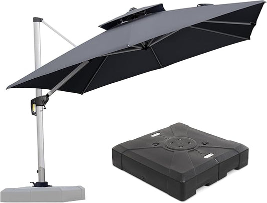 PURPLE LEAF 10 FT Cantilever Patio Umbrellas with Base Included, Large Square Offset Umbrella with 360° Rotation, Outdoor Aluminum Pool Umbrella for Pool Lawn Garden, Grey
