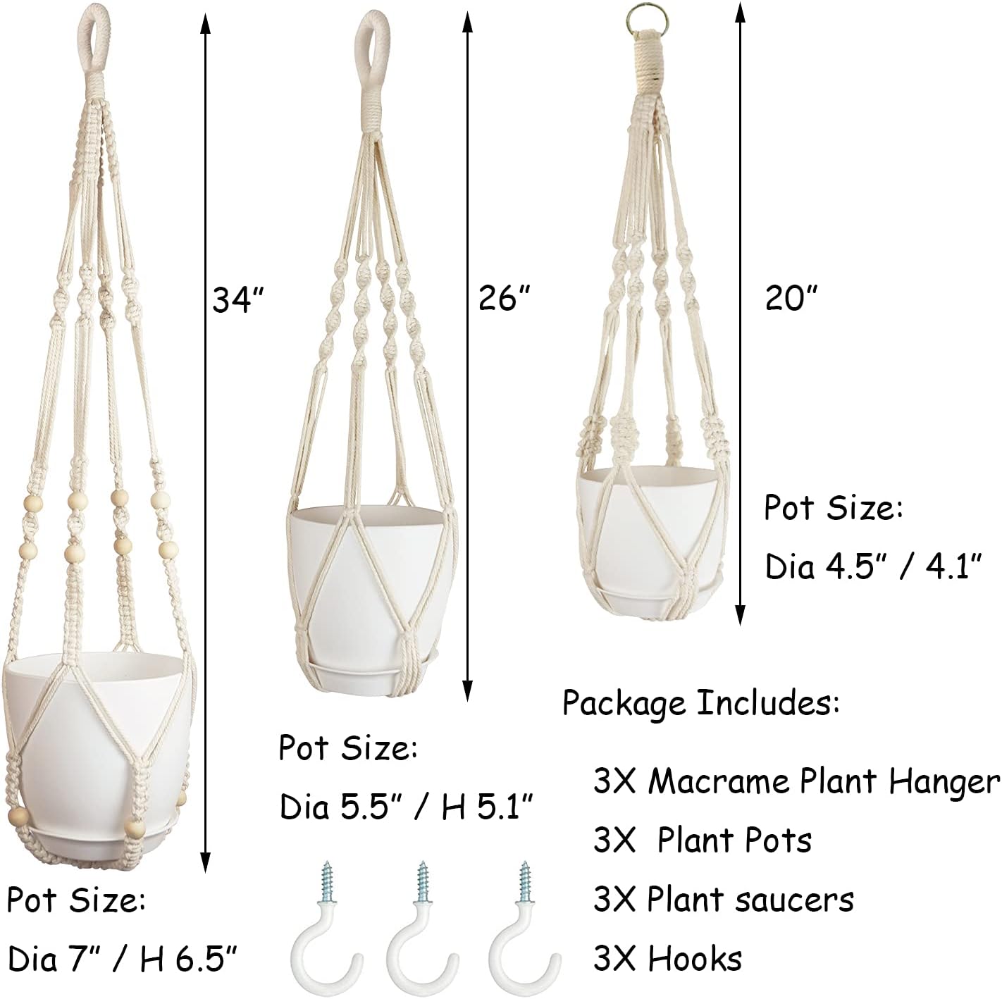 Macrame Plant Hangers with Pots and Saucers, 3 Pack Hanging Planters for Indoor Plants Hanging Plant Holders with Hooks 34" / 26" / 20"