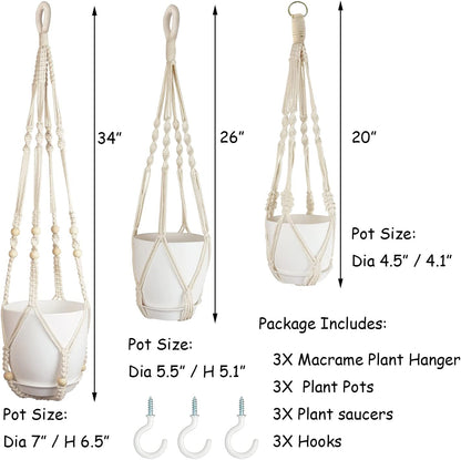 Macrame Plant Hangers with Pots and Saucers, 3 Pack Hanging Planters for Indoor Plants Hanging Plant Holders with Hooks 34" / 26" / 20"