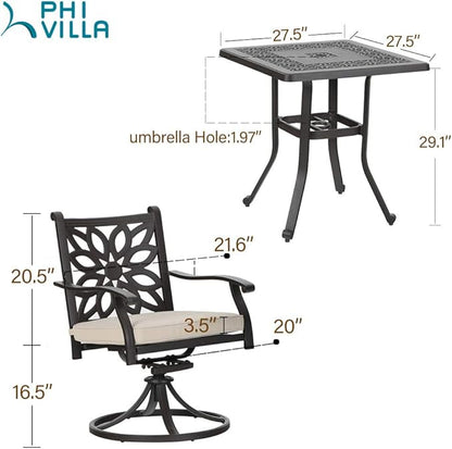 PHI VILLA 3 Pcs Cast Aluminum Patio Bistro Set, 2 Extra Wide Swivel Chairs with Cushion & 1 Square Bistro Dining Table with Umbrella Hole