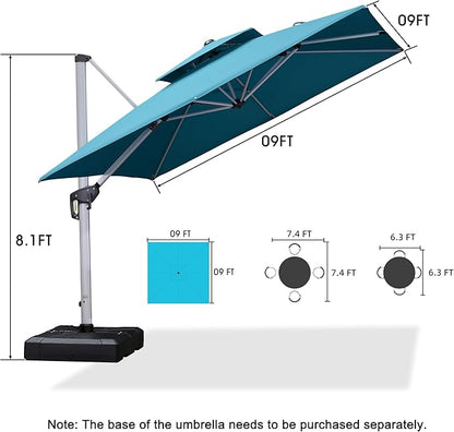 PURPLE LEAF Patio Umbrella 9ft Outdoor Square Umbrella Large Cantilever Umbrella Windproof Offset Heavy Duty Sun for Garden Deck Pool Patio, Turquoise Blue
