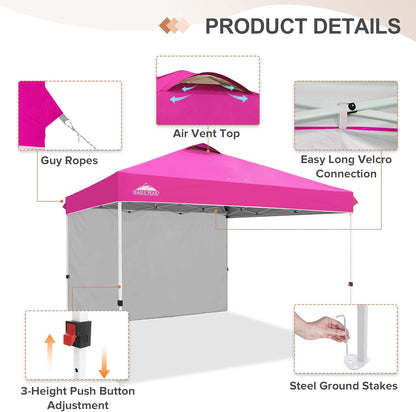 EAGLE PEAK Pop Up Canopy Tent with 1 Sidewall, Easy Setup Event Tent, Outdoor Sun Shade, Wheeled Carry Bag, Stakes and Guy Ropes, Instant Canopy 12x12, Pink