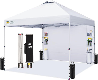 CROWN SHADES Canopy Tent 10x10 Pop Up Canopy Outdoor Shade with Pockets Sidewall, Easy Up Sun Shelter with One Person Set Up Center Lock, Portable Instant Camping Beach Canopy Tents, White