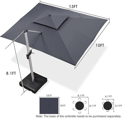 PURPLE LEAF 10' X 13' Patio Umbrella Outdoor Rectangle Umbrella Large Cantilever Umbrella Windproof Offset Heavy Duty Sun for Garden Deck Pool Patio, Grey