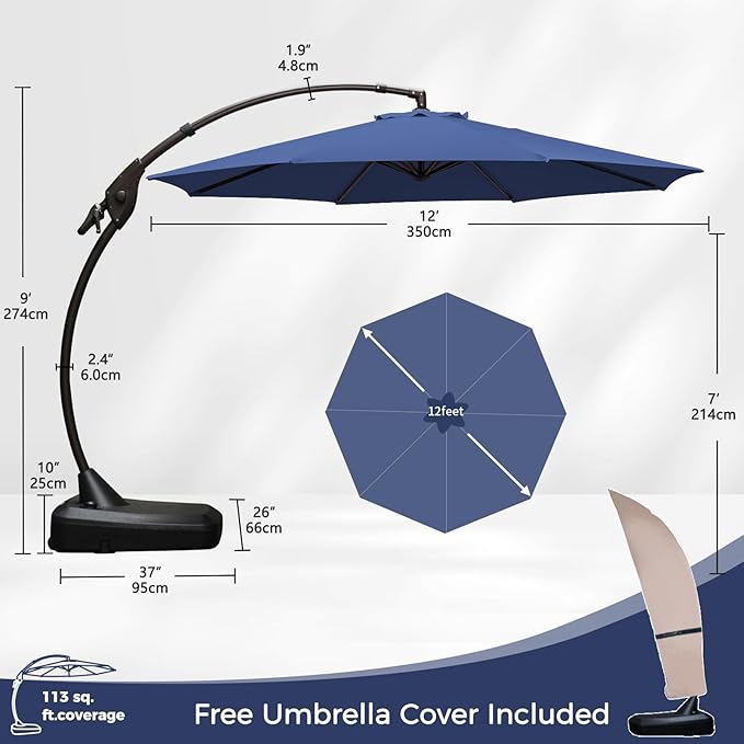 Grand patio 12 FT Patio Cantilever Umbrella Outdoor Large Round Aluminum Offset Umbrella Base Included for Deck Yard (Navy Blue, 12 FT)