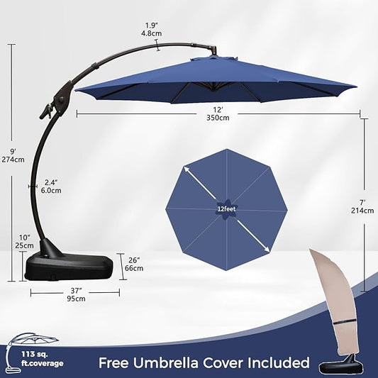 Grand patio 12 FT Patio Cantilever Umbrella Outdoor Large Round Aluminum Offset Umbrella Base Included for Deck Yard (Navy Blue, 12 FT)