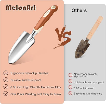 MelonArt Garden Tool Set, 4 Pieces Heavy Duty Gardening Hand Tool Kit Aluminum for Women Men Planting Including Hand Shovel, Transplant Shovel and Hand Rake with Non Slip Rubber Handle and Gloves
