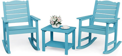 3-Piece Patio Rocking Chairs Set, Weatherproof HIPS Outdoor Rocking Chair for Adults, 400LBS Support Rocking Chairs with Table for Garden, Porch, Backyard and Indoor, Lake Blue