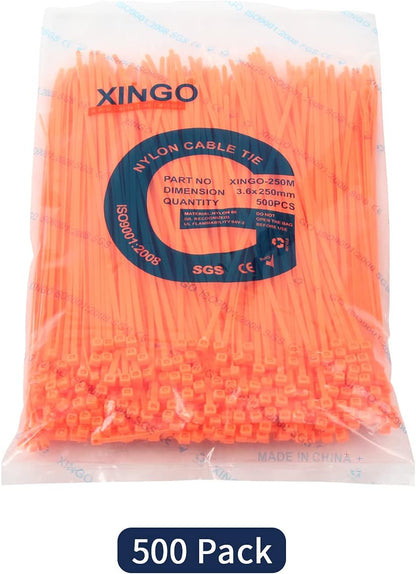 XINGO 10 Inch Cable Zip Ties (500 Pack), 40 Lbs Tensile Strength-Heavy Duty, Self-Locking Nylon Plastic Nylon Wire Ties for indoor and outdoor use(Orange)