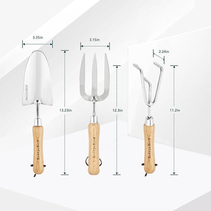 Berry&Bird Garden Tool Set 3 Pieces Stainless Steel Heavy Duty Gardening Kit Includes Hand Trowel, Hand Cultivator and Hand Fork with Wood Handle for Weeding Transplanting Digging, Ideal Garden Gifts
