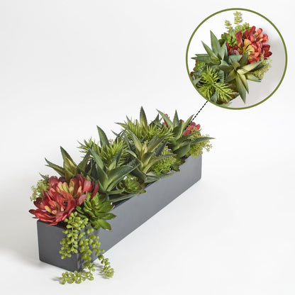 Oblong Faux Succulent Arrangement, Premium Artificial Indoor Plant Enhances Interior Design, Display on any Surface in Your Home Adding an Inviting Touch of Nature, Grey Planter Pot Included