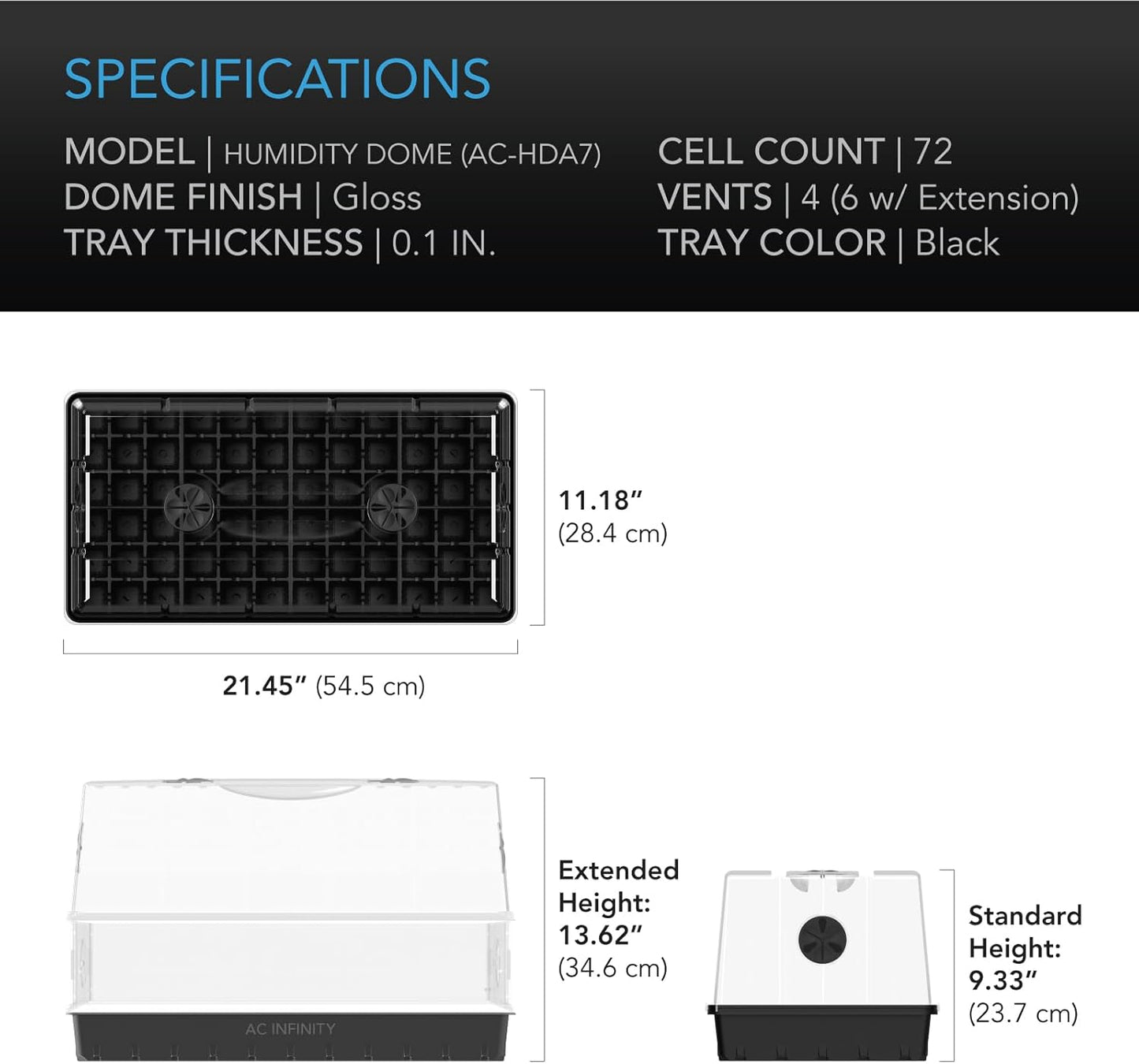 AC Infinity Large Humidity Dome, Heavy-Duty Germination Kit with 3 mm Thick Clear Dome, Sturdy Drip Tray, 6x12 Cell Seedling Tray, and Vented Height Extension Panels, for Seed Starting, Cloning Plants