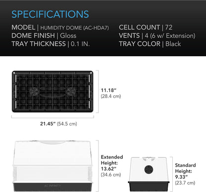 AC Infinity Large Humidity Dome, Heavy-Duty Germination Kit with 3 mm Thick Clear Dome, Sturdy Drip Tray, 6x12 Cell Seedling Tray, and Vented Height Extension Panels, for Seed Starting, Cloning Plants