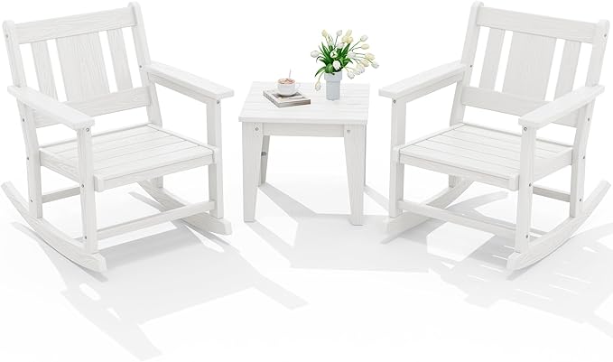 SERWALL 3 Piece Rocking Bistro Set, HDPE Outdoor Patio Table and Chairs, All Weather Outdoor Rocking Set for Backyard,Porch, Poolside, Balcony, and Garden- White