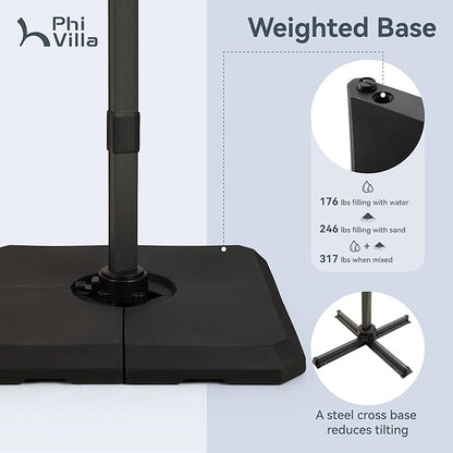 PHI VILLA Cantilever Patio Umbrella with Base, 9' X 12' Outdoor Large Rectangluar Umbrellas with 360°Rotation, Heavy Duty Hydraulic Double Umbrella Windproof for Outside, Deck, Garden, Porch, Grey