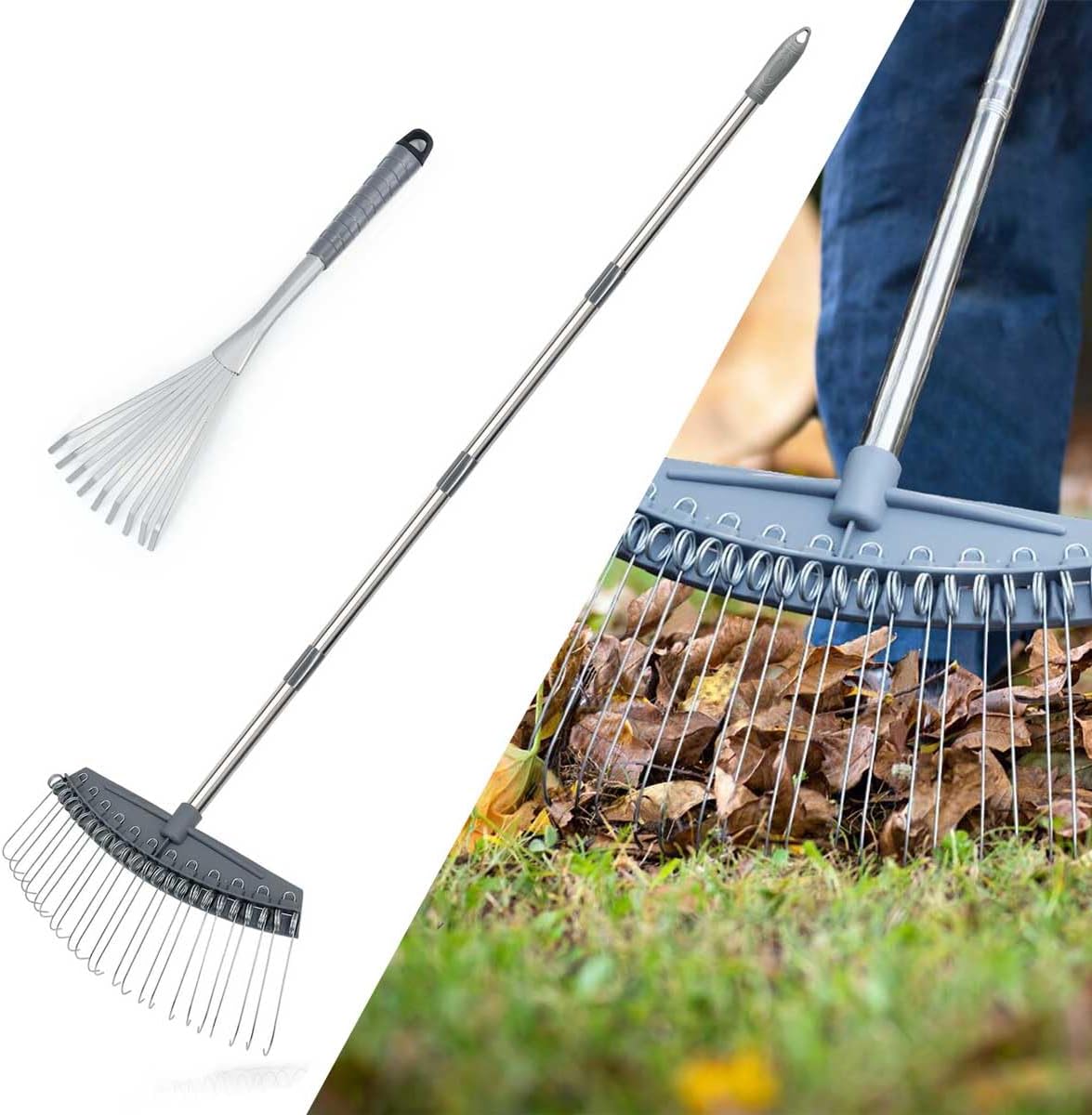 Thatch Rake Adjustable, Dethatcher Rakes 17"-63", Wide with 24 Metal Tines, Lightweight Garden Thatching Rakes Used for Mulch ,Leaves, Debris, Pine Needles, Shrub, Gravel