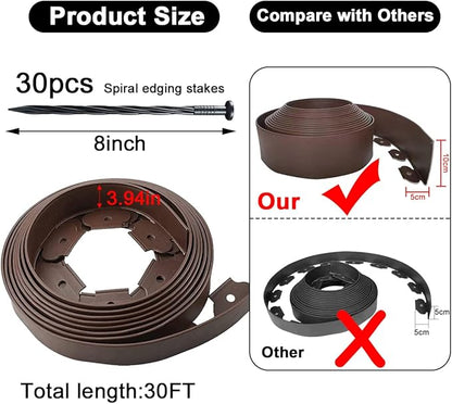 Landscape Edging 33ft,Garden Edging Borders[Extra Tall 4IN ] Flexible Lawn Edging Kit with 30pcs Spikes,Heavy Duty Landscaping Edge Mini Plastic Fence for Yard Grass Flower Bed -Brown