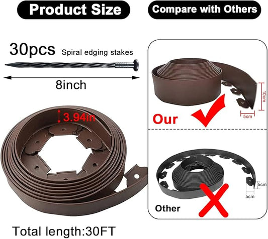 Landscape Edging 33ft,Garden Edging Borders[Extra Tall 4IN ] Flexible Lawn Edging Kit with 30pcs Spikes,Heavy Duty Landscaping Edge Mini Plastic Fence for Yard Grass Flower Bed -Brown
