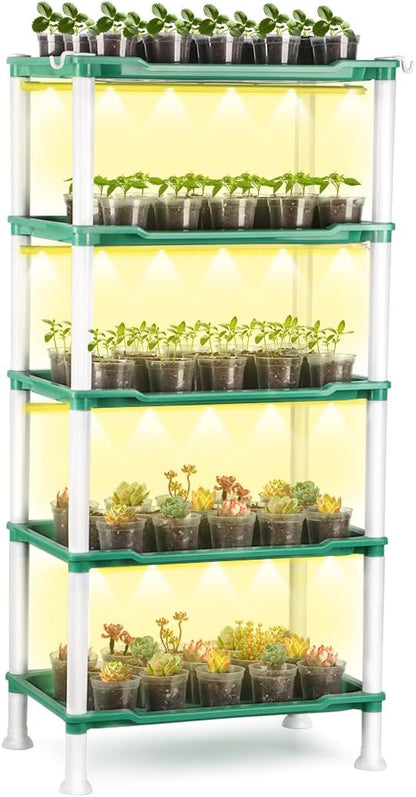 Seed Starter Tray Unit, 5-Tier Plant Stand with 4 LED Grow Lights & 90 Pack 2.5 Inch Clear Nursery Pots – for Indoor Gardening, Herb, Seedling Kits & Small Greenery