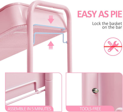 TOOLF 3-Tier Rolling Cart with Table Top, Metal Storage Cart on Wheels, Utility Organizer with Wooden Tray, Lockable Casters, Easy Assembly for Bathroom, Living Room, Office, Bedside, Pink