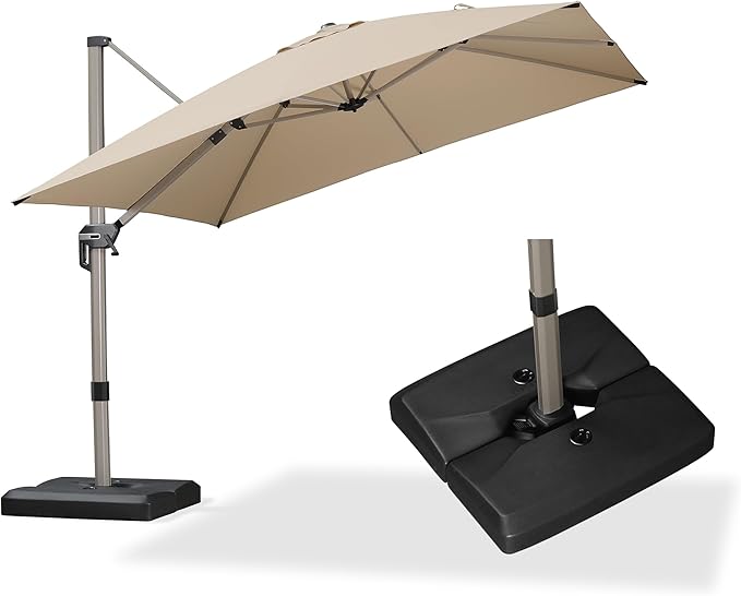 PURPLE LEAF 10FT Patio Umbrella with Base Cantilever Umbrella Square Outdoor Offset Umbrella with Champagne Frame and 360° Rotation for Garden Deck Pool, Beige