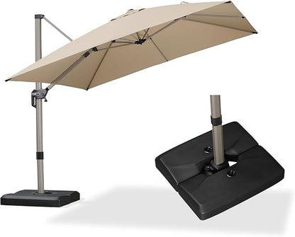 PURPLE LEAF 10FT Patio Umbrella with Base Cantilever Umbrella Square Outdoor Offset Umbrella with Champagne Frame and 360° Rotation for Garden Deck Pool, Beige