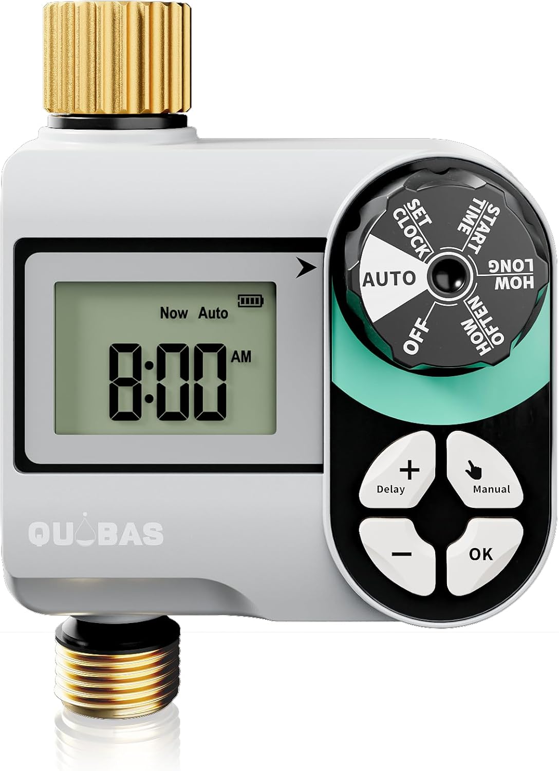QUOBAS Sprinkler Timer, Programmable Hose Timers with Brass Inlet & Outlet, Water Timer for Garden Hose with Rain Delay/Automatic/Manual Watering System, Digital Drip Irrigation Timers for Yard, Lawn