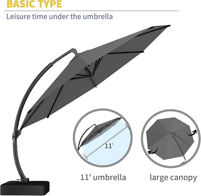 Kingdura 11ft Offset Cantilever Patio Umbrella with Base Included, Large Round Aluminum Outdoor Umbrella, 360° Rotation & Infinite Tilt, Heavy Duty Frame for Deck Pool Backyard, Grey