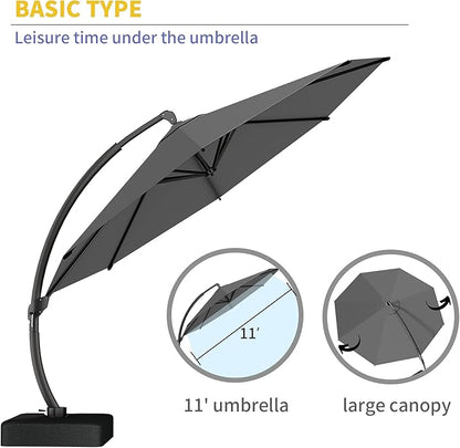 Kingdura 11ft Offset Cantilever Patio Umbrella with Base Included, Large Round Aluminum Outdoor Umbrella, 360° Rotation & Infinite Tilt, Heavy Duty Frame for Deck Pool Backyard, Grey