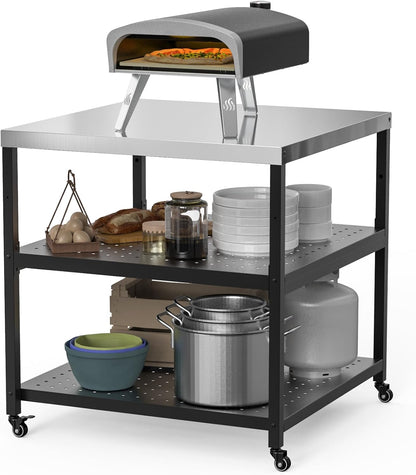 31.5” Pizza Oven Table for ooni Ninja Gozney Aidpiza BIG HORN, Modular Grill Cart for Blackstone Cuisinart Weber Char-Broil Royal Gourmet Pit Boss GasOne Griddle, Movable Food Prep Workcart Stand