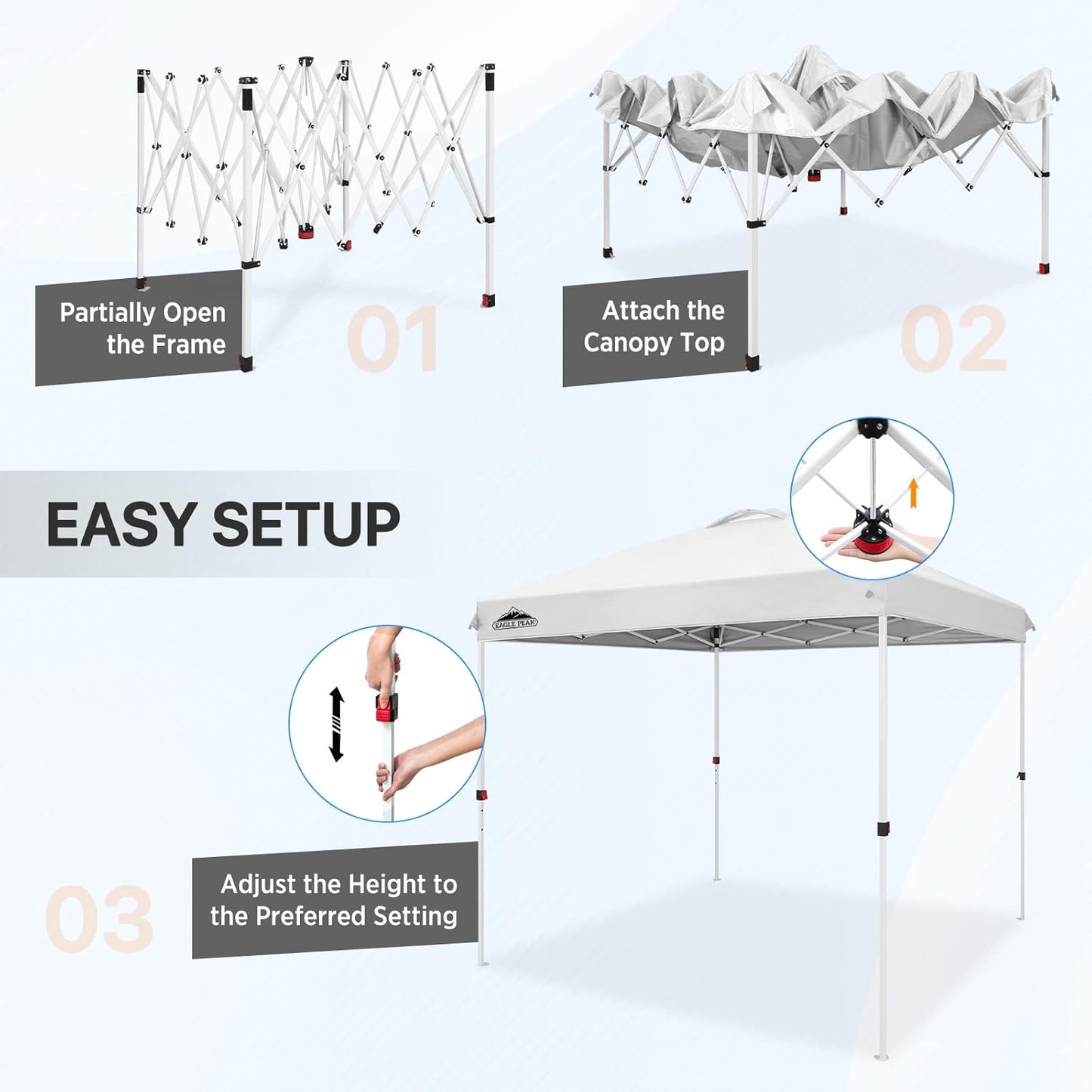 EAGLE PEAK Pop Up Canopy Tent with Wheeled Carry Bag, 8 Stakes, 4 Ropes, Easy Set Up Tent Canopy, 8x8 ft White