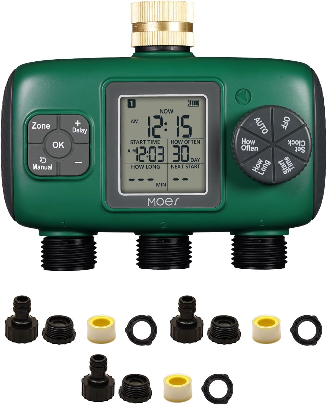 MOES 3 Outlet Sprinkler Timer, Brass Inlet, Programmable Automatic Irrigation Controller, Rain Delay, Manual Watering, 3 Zone Water Hose Timer for Gardens, Lawns, and Hose Systems