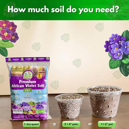 DUSPRO Recycle Premium 4-in-1 African Violet Potting Soil African Violet Soil Blend with Perlite, Coco Peat, Pumice, Pine Bark for Optimal Moisture Retention & Drainage 1QT