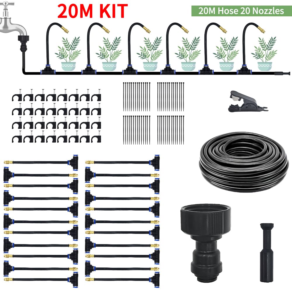 360° Adjustable Drip Irrigation System - 66FT Garden Watering System with 20 Nozzles, Garden Irrigation System, Greenhouse Accessories, Atomizing System for Yard, Lawn, Plants, 5/16 inch Hose (66FT)