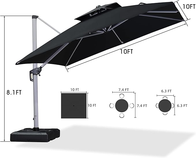 PURPLE LEAF 10 FT Patio Offset Umbrella Outdoor Cantilever Umbrella Hanging Umbrellas, 36 Month Fade Resistance & Water-repellent UV Protection Fabric Canopy with Crank & Water Tank Base (Black)