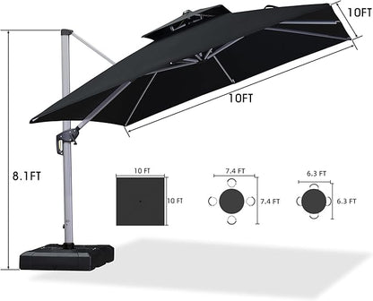 PURPLE LEAF 10 FT Patio Offset Umbrella Outdoor Cantilever Umbrella Hanging Umbrellas, 36 Month Fade Resistance & Water-repellent UV Protection Fabric Canopy with Crank & Water Tank Base (Black)