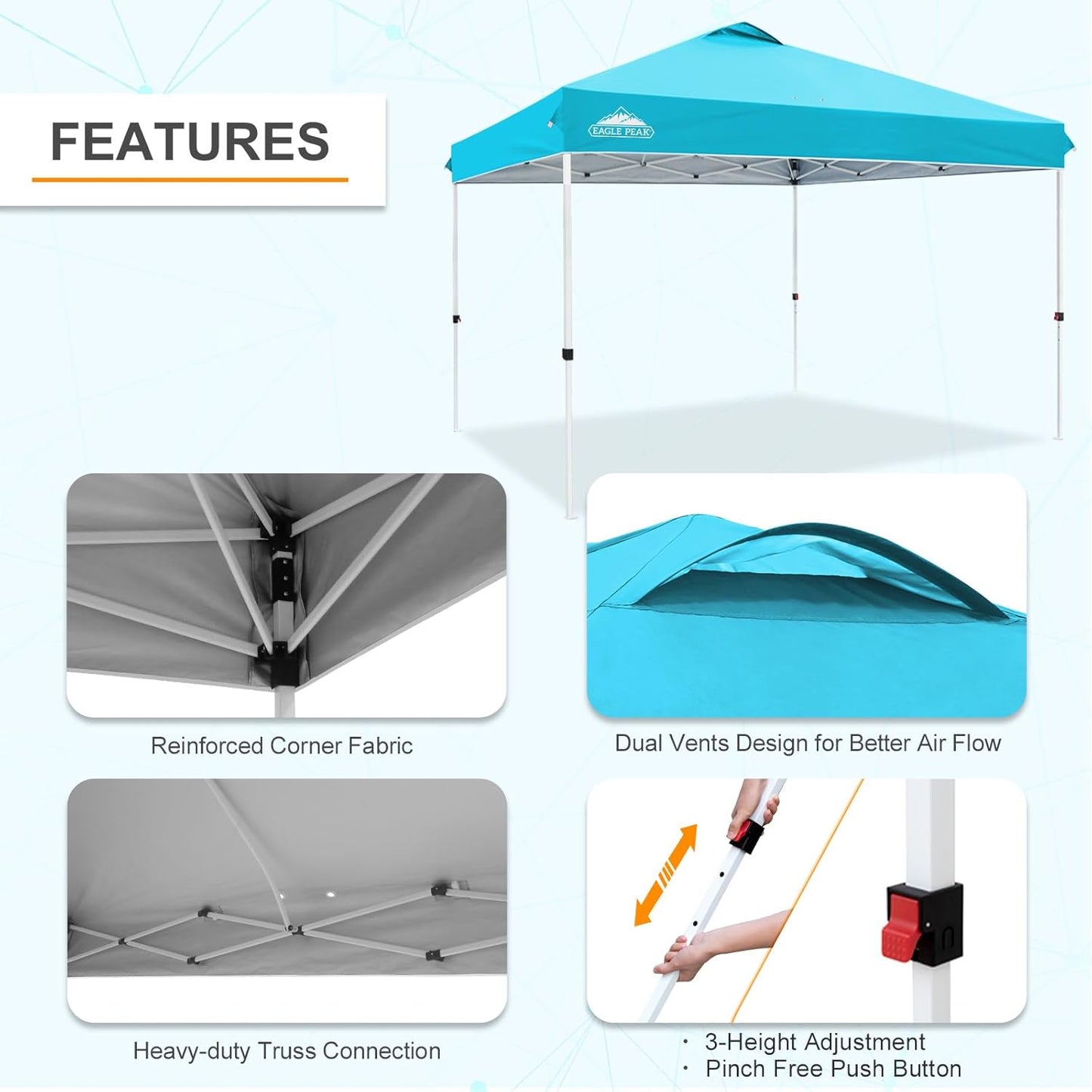 EAGLE PEAK Pop Up Canopy Tent with Wheeled Carry Bag, 8 Stakes, 4 Ropes, 4 Weight Bags, Easy Set Up Tent Canopy, 12x12 ft, 144sqft of Shade, Light Blue