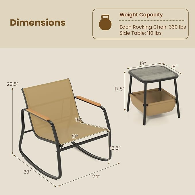 Tangkula 3 Piece Rocking Bistro Set Outdoor, Patio Rocking Chairs & Side Table with Storage Basket, Wood-Like Armrests & Metal Frame, Patio Furniture Set for Porch, Backyard, Lawn & Poolside