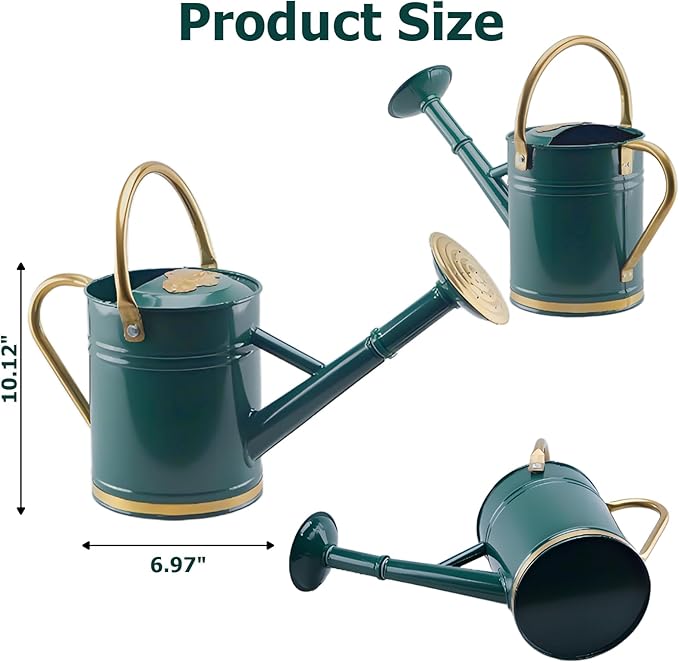 1 Gallon Galvanized Metal Watering Can with Solid Brass Sprout, Handle & Base Trim - Genuine Forged Copper Joints for Indoor/Outdoor Plants, Garden, Balcony for Kids and Adults (Emerald Brass)