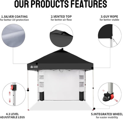 CROWN SHADES Canopy Tent, 10 x 10 Foot Portable Pop Up Outdoor Shelter with Pocket Sidewall, Push Center Lock, UV Protection, and Carry Bag, Black