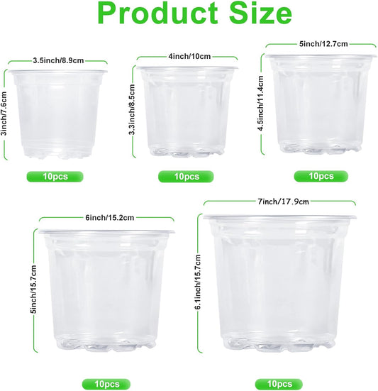 JERIA 50 Pack 3.5/4/5/6/7 Inch Clear Nursery Pots with Drainage Holes, Clear Plant Pot for Planting, Transparent Plastic Plant Pots,Durable Seed Starting Pot for Succulents