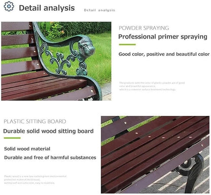 Outdoor Bench, Porch Bench, Garden Park Bench, Cast Aluminum Preservative Wood Bench with Backrest and Armrests for 2-3 People Porch/Deck/Patio Furniture(Brown+Black Legs,125CM)