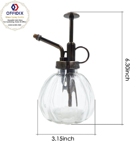 OFFIDIX Transparent Glass Watering Spray Bottle, 6.3 Inches Tall Vintage Style with Bronze Plastic Top Pump One Hand Plant Mister Glass Watering Can Indoor