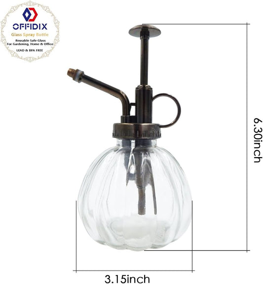 OFFIDIX Transparent Glass Watering Spray Bottle, 6.3 Inches Tall Vintage Style with Bronze Plastic Top Pump One Hand Plant Mister Glass Watering Can Indoor
