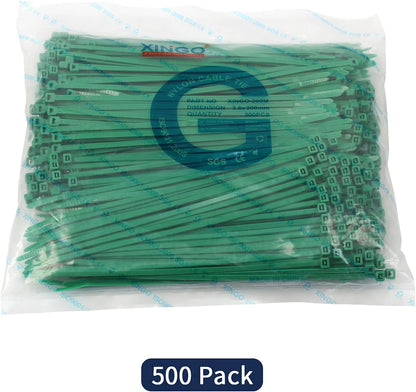 XINGO 8 Inch Green Cable Zip Ties (500 Pack), 40 Lbs Tensile Strength-Heavy Duty, Self-Locking Nylon Plastic Nylon Wire Ties for indoor and outdoor use